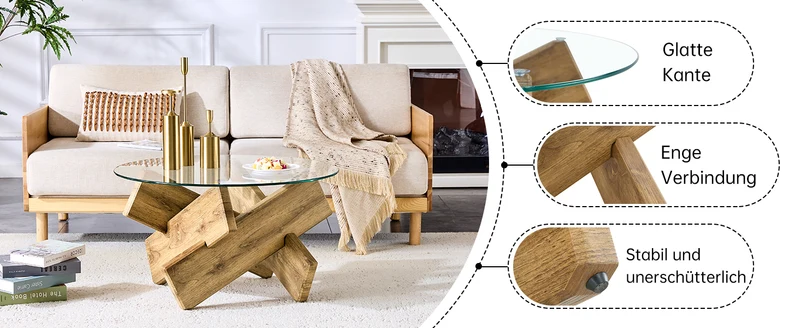 Table basse ronde effet bois en verre trempé pieds croisés 79*79cm NEXUS