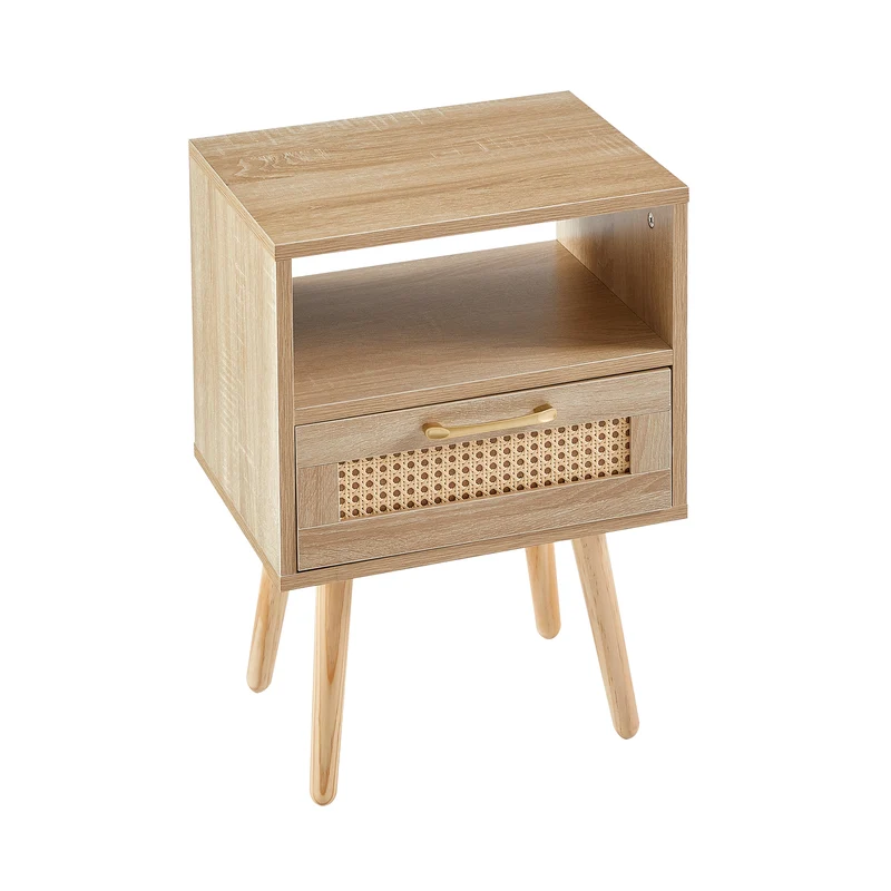 Table de chevet en rotin avec tiroir, pieds en bois massif 40x30x55cm TRAVERSEIA