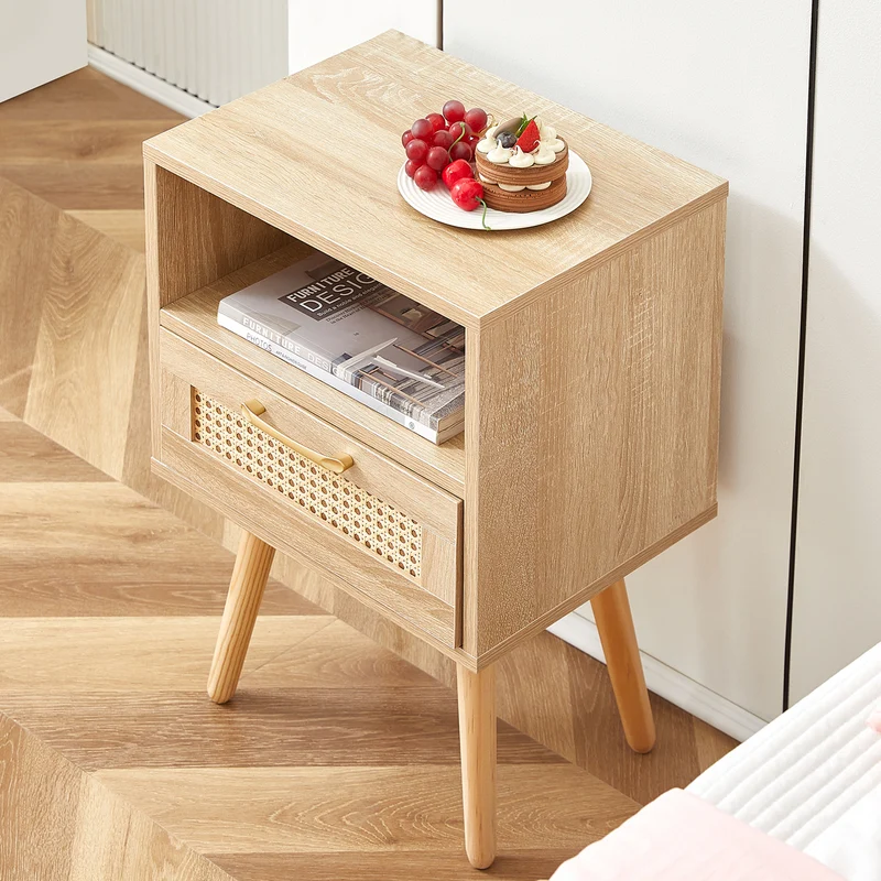 Table de chevet en rotin avec tiroir, pieds en bois massif 40x30x55cm TRAVERSEIA