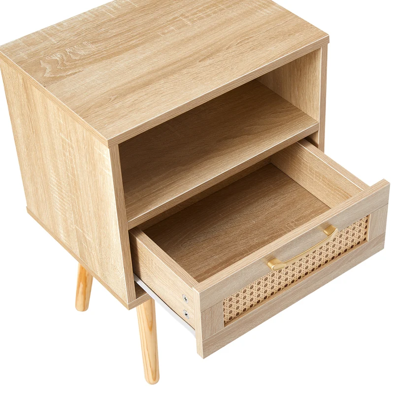 Table de chevet en rotin avec tiroir, pieds en bois massif 40x30x55cm TRAVERSEIA