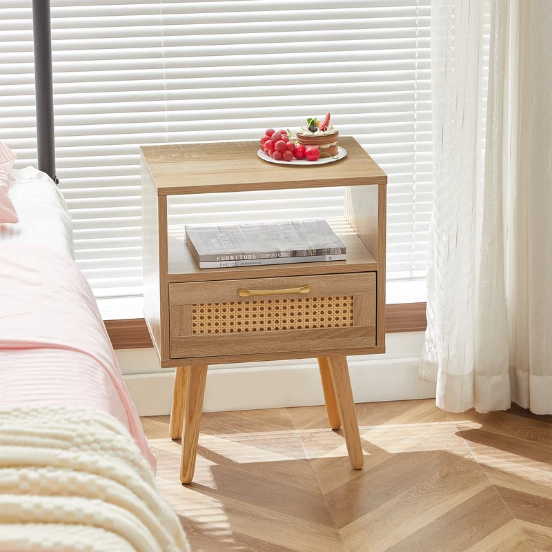 Table de chevet en rotin avec tiroir, pieds en bois massif 40x30x55cm TRAVERSEIA