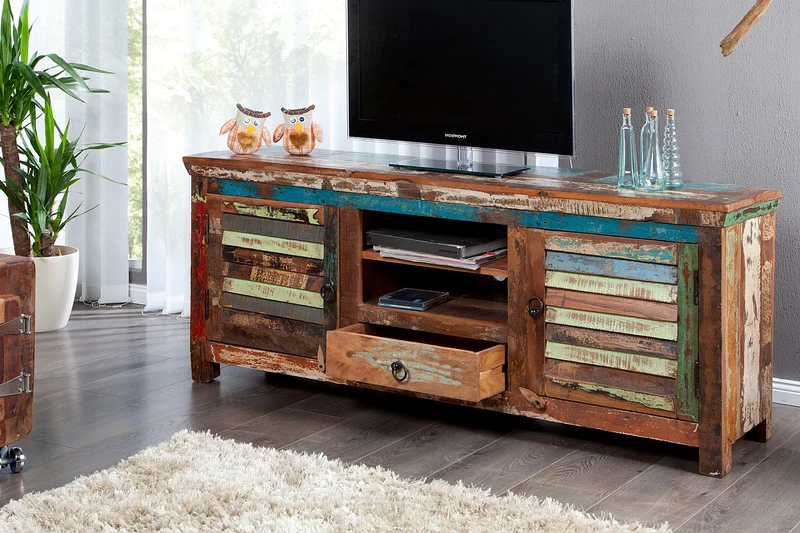 Tableau TV unique JAKARTA 150cm en bois massif recyclé coloré