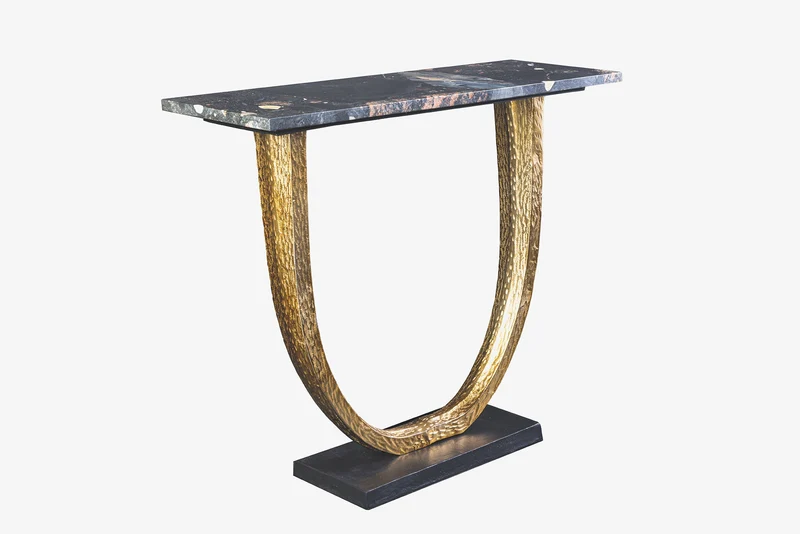 Console artisanale OMEGA 80cm marbre noir métal doré