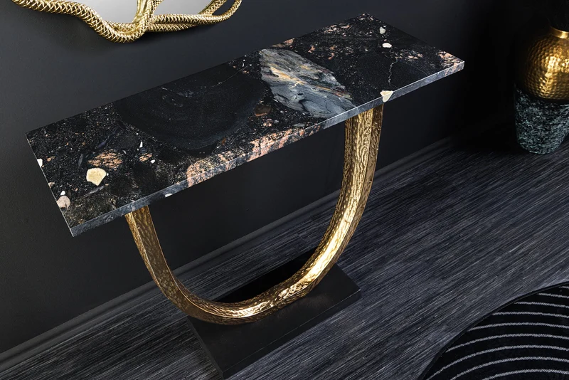 Console artisanale OMEGA 80cm marbre noir métal doré