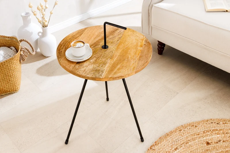 Table d’appoint artisanale SIMPLY CLEVER 60cm en manguier naturel avec poignée