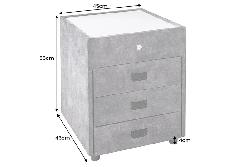Table de chevet carrée PARIS 55cm velours gris comprenant éclairage et tiroirs