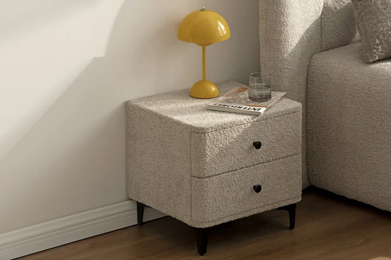 Table de chevet moderne ART DECO 45cm Bouclé grège avec tiroirs en métal noir