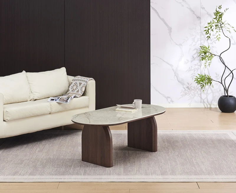 Table basse FLUIDE plateau céramique, pieds noyer