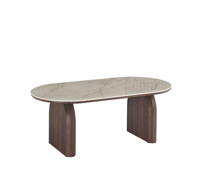 Table basse FLUIDE plateau céramique, pieds noyer
