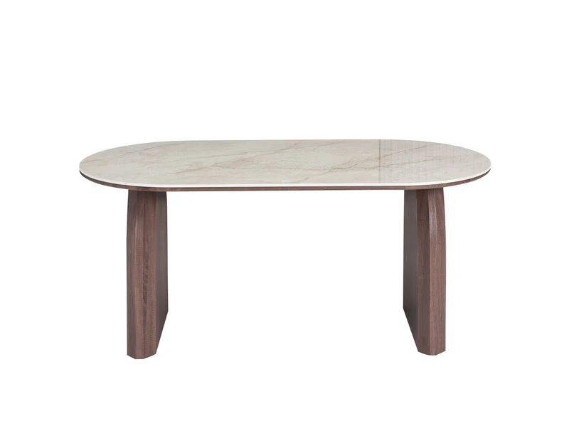 Table à manger FLUIDE plateau céramique, pieds effet noyer