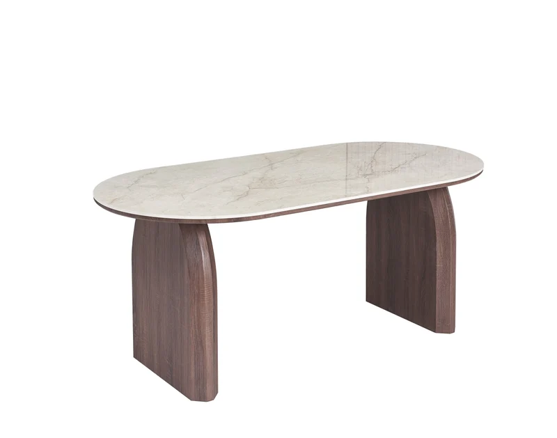 Table à manger FLUIDE plateau céramique, pieds effet noyer