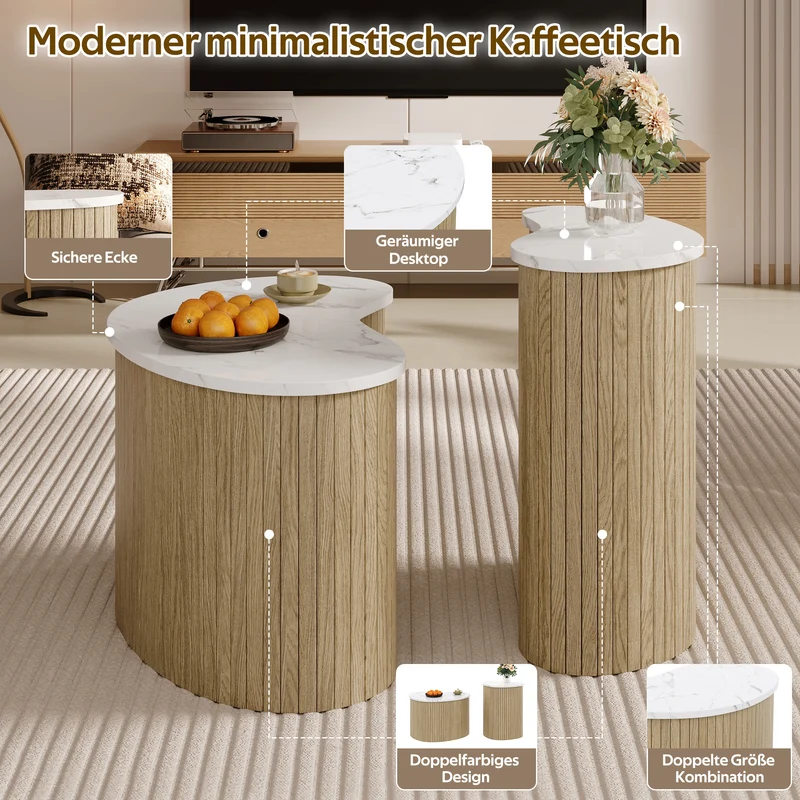 Ensemble de 2 tables basses gigognes effet marbre blanc et bois nature FJORDUS
