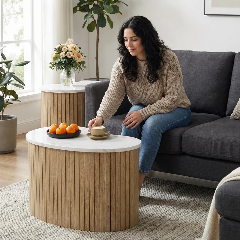Ensemble de 2 tables basses gigognes effet marbre blanc et bois nature FJORDUS
