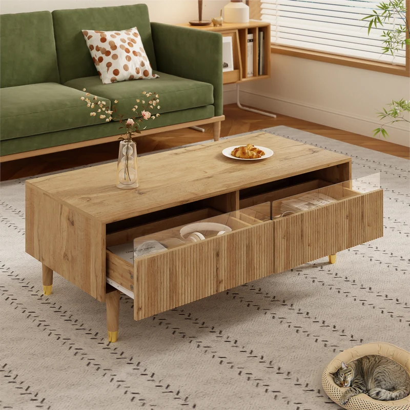 Table basse moderne effet bois façade ondulée éclairage LED 2 tiroirs PEAKGLADE