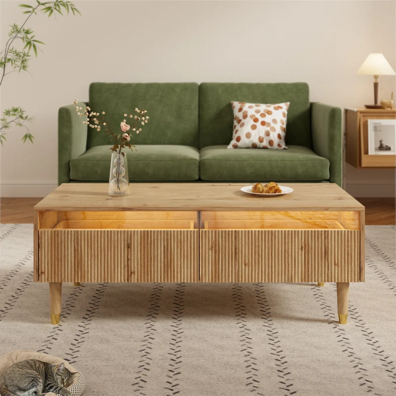 Table basse moderne effet bois façade ondulée éclairage LED 2 tiroirs PEAKGLADE