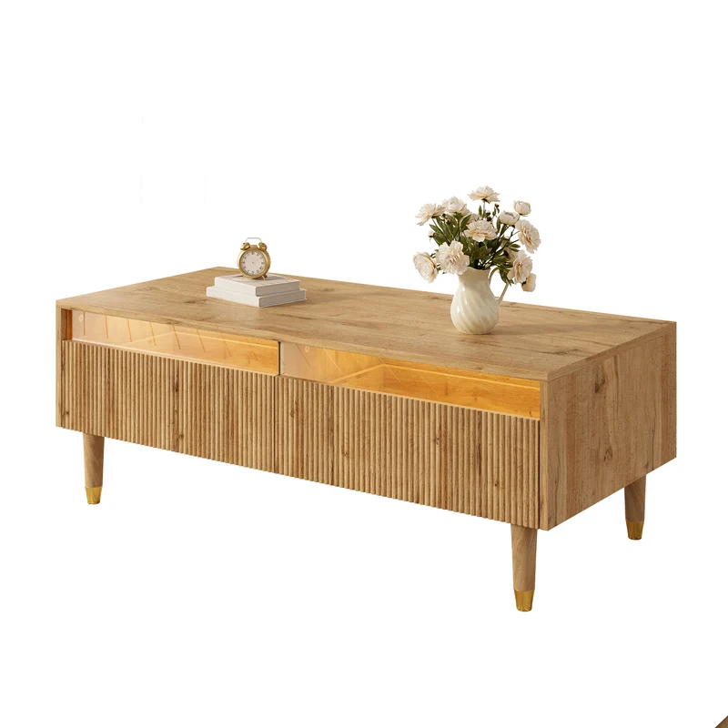 Table basse moderne effet bois façade ondulée éclairage LED 2 tiroirs PEAKGLADE