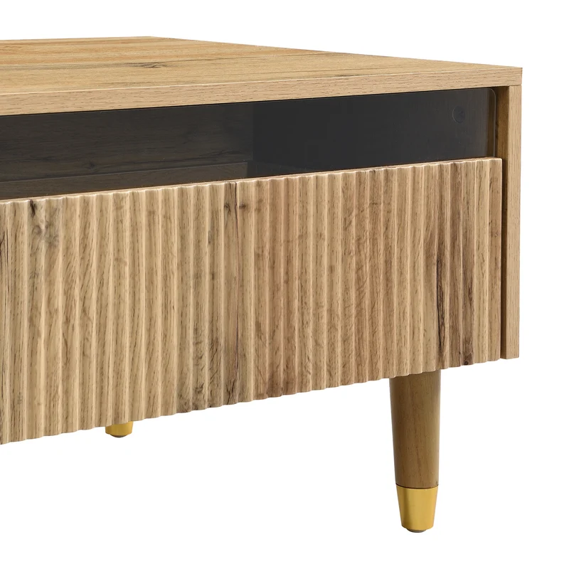 Table basse moderne effet bois façade ondulée éclairage LED 2 tiroirs PEAKGLADE