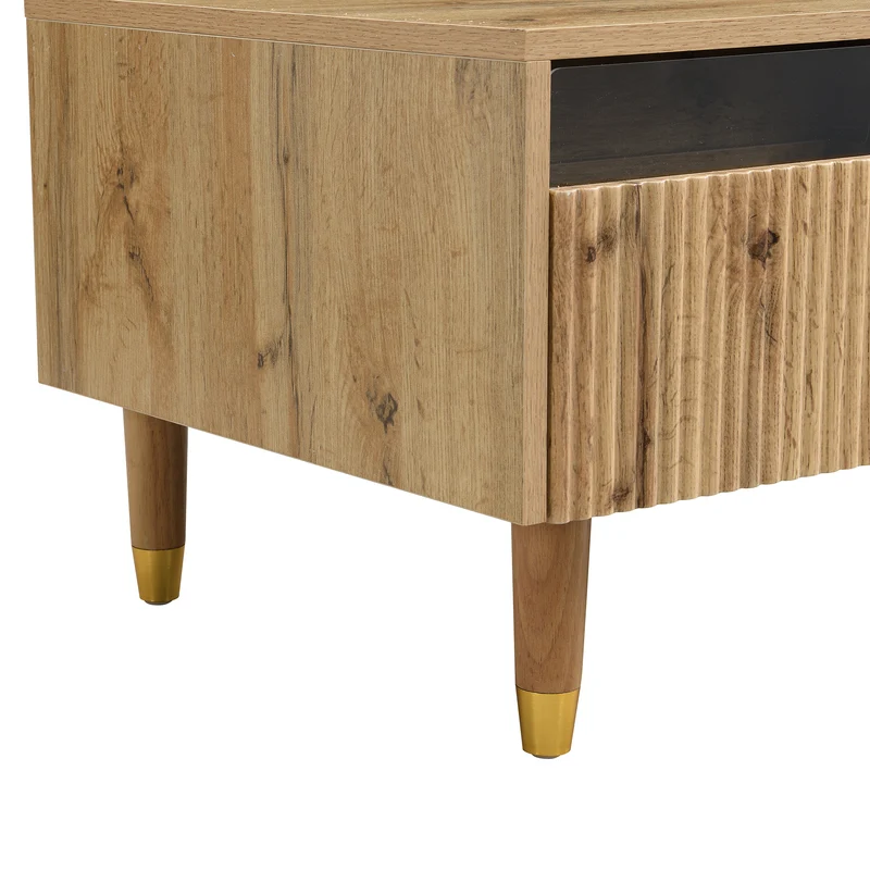 Table basse moderne effet bois façade ondulée éclairage LED 2 tiroirs PEAKGLADE