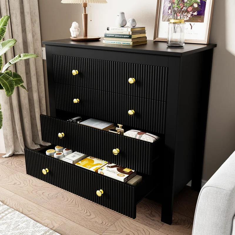 Buffet noir élégante façades texturées 5 tiroirs poignées dorées THRUZETS