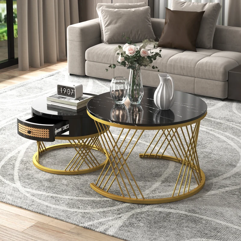 Ensemble de 2 tables basses gigognes rondes effet marbre noir et rotin EGNIERS BLACK