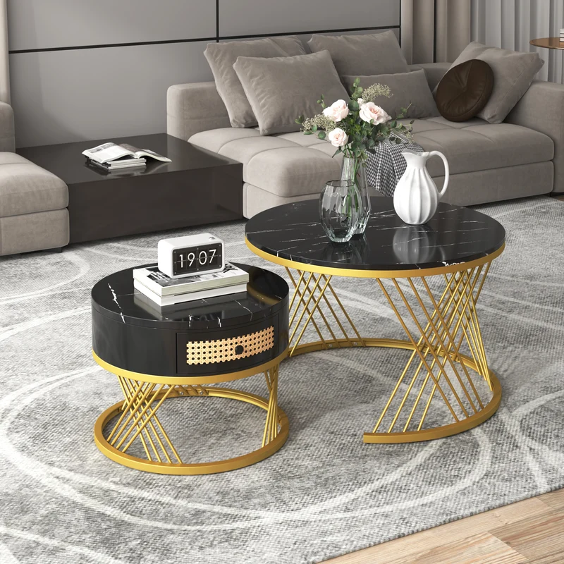 Ensemble de 2 tables basses gigognes rondes effet marbre noir et rotin EGNIERS BLACK