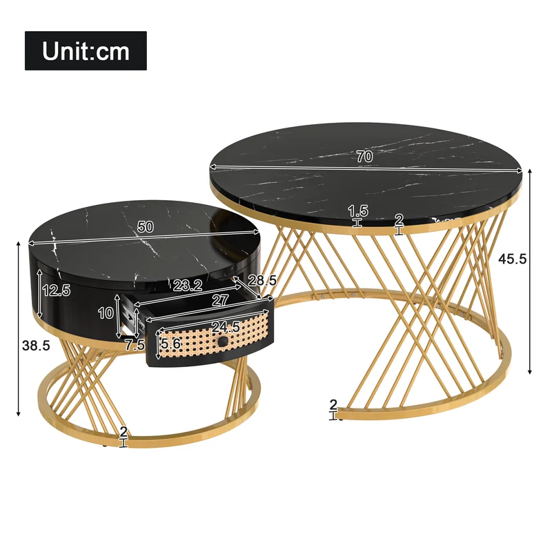 Ensemble de 2 tables basses gigognes rondes effet marbre noir et rotin EGNIERS BLACK