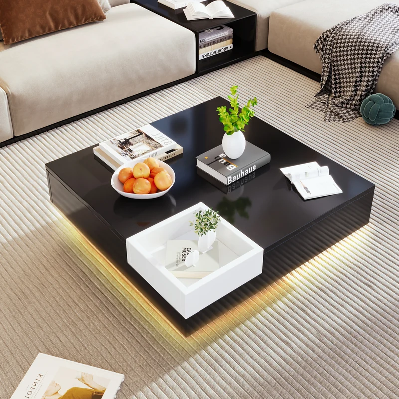 Table basse carrée noir blanc bicolore éclairage LED avec boîte de rangement amovible CROKS BLACK