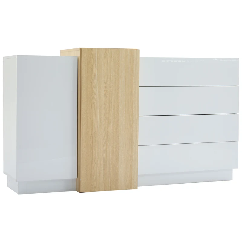 Buffet blanc brillant effet bois 4 tiroirs et 2 portes 140*35*81cm GREXEDS