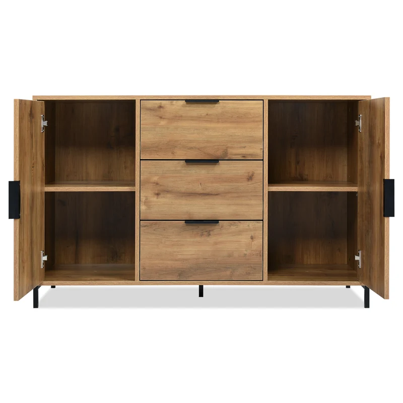 Buffet effet bois chêne foncé style industriel 2 portes 3 tiroirs 120x40x76cm OMNAERS