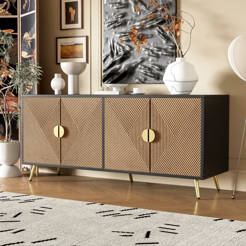 Buffet élégant effet bois brossées et noir 4 portes poignées et pieds dorées 160*40*75 cm VIMIDS