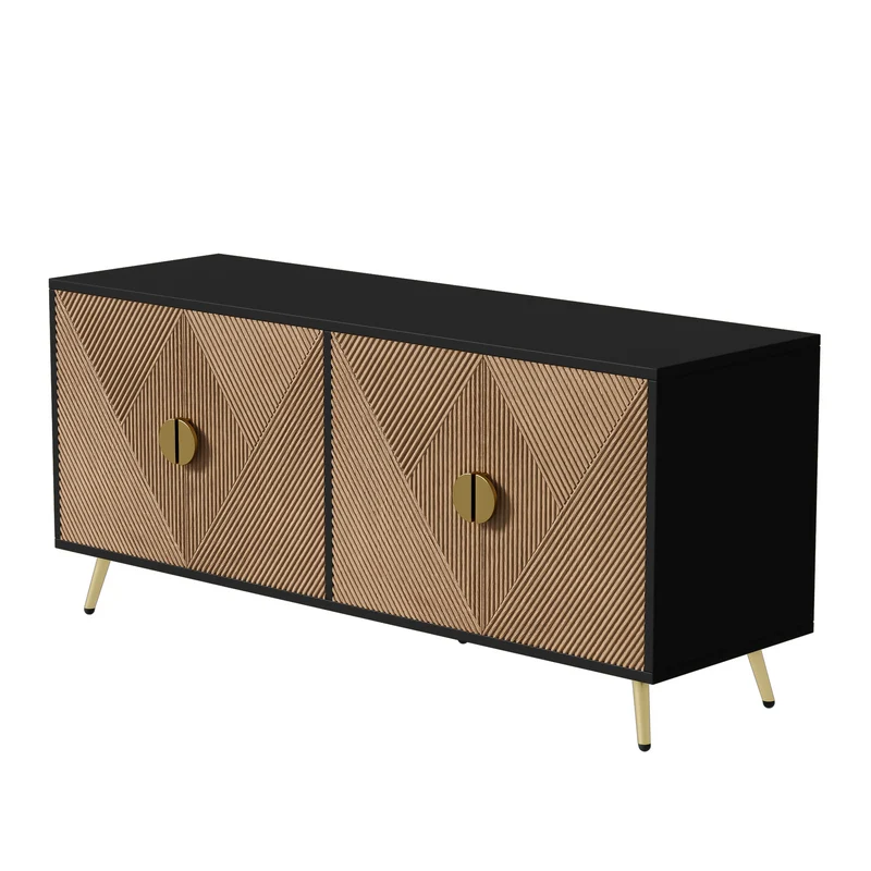 Buffet élégant effet bois brossées et noir 4 portes poignées et pieds dorées 160*40*75 cm VIMIDS