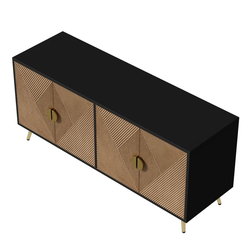 Buffet élégant effet bois brossées et noir 4 portes poignées et pieds dorées 160*40*75 cm VIMIDS
