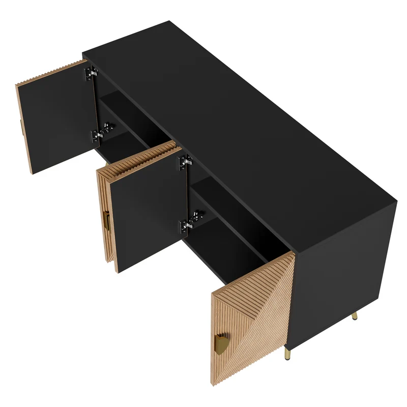 Buffet élégant effet bois brossées et noir 4 portes poignées et pieds dorées 160*40*75 cm VIMIDS