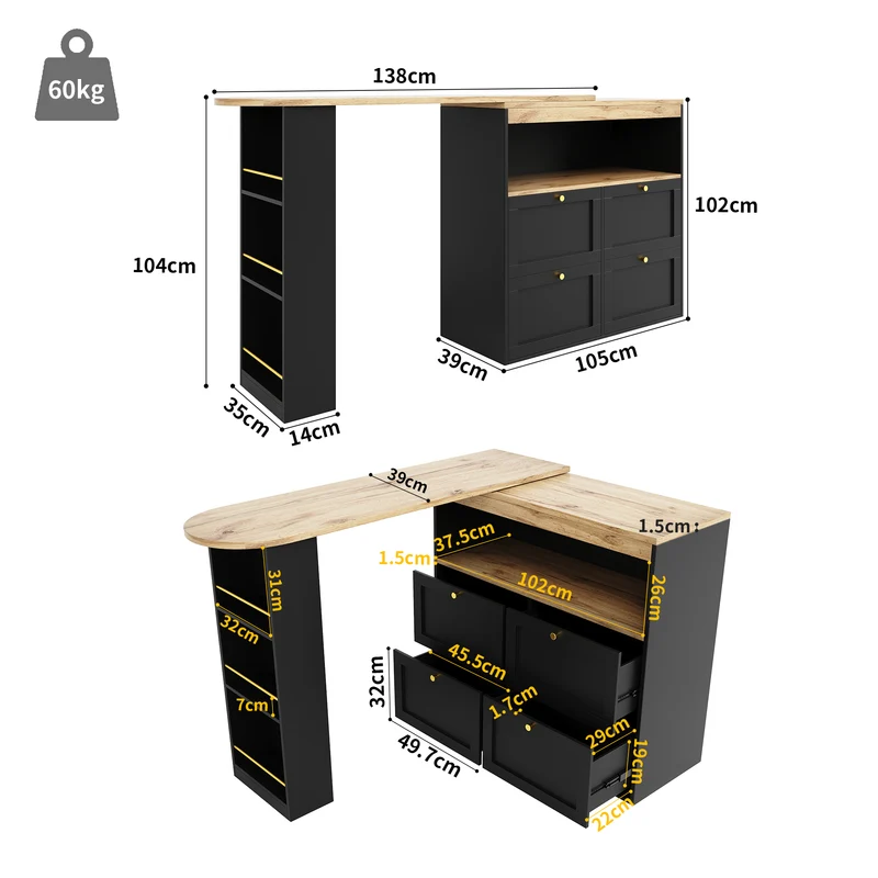 Table de bar modulable noir et bois pivotante avec étagères et tiroirs ILTAILL
