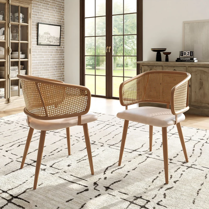 Lot de 2 chaises de salle à manger dossier en rotin, coussin d'assise en cuir PU beige, confortable et respirant NAD