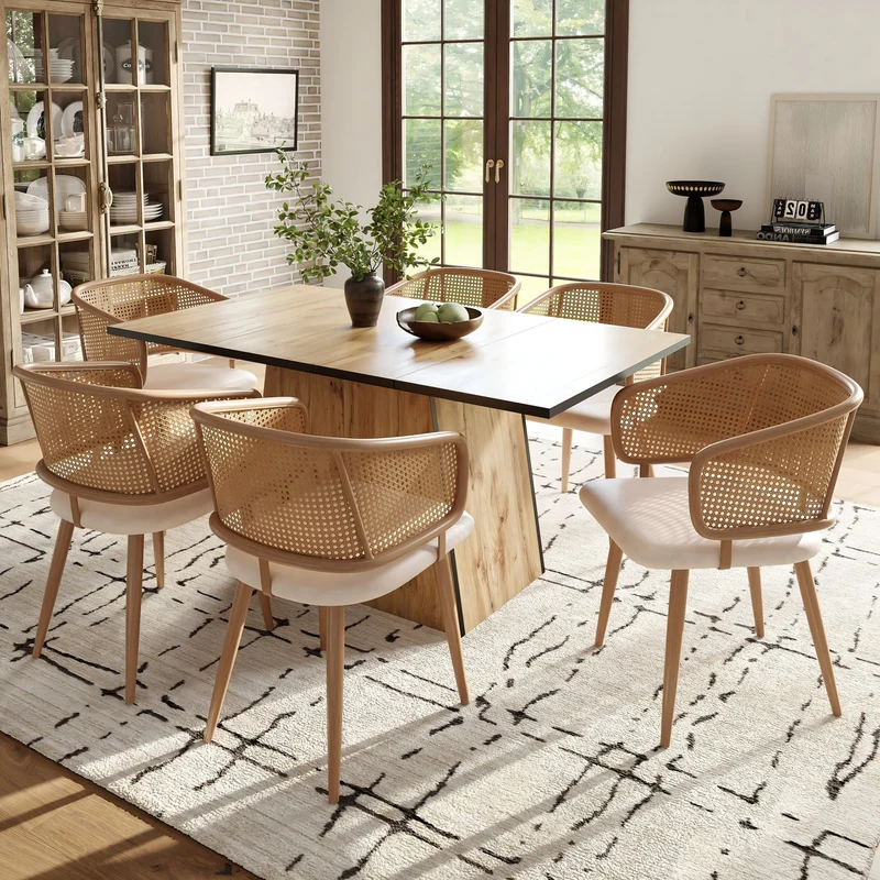 Lot de 2 chaises de salle à manger dossier en rotin, coussin d'assise en cuir PU beige, confortable et respirant NAD
