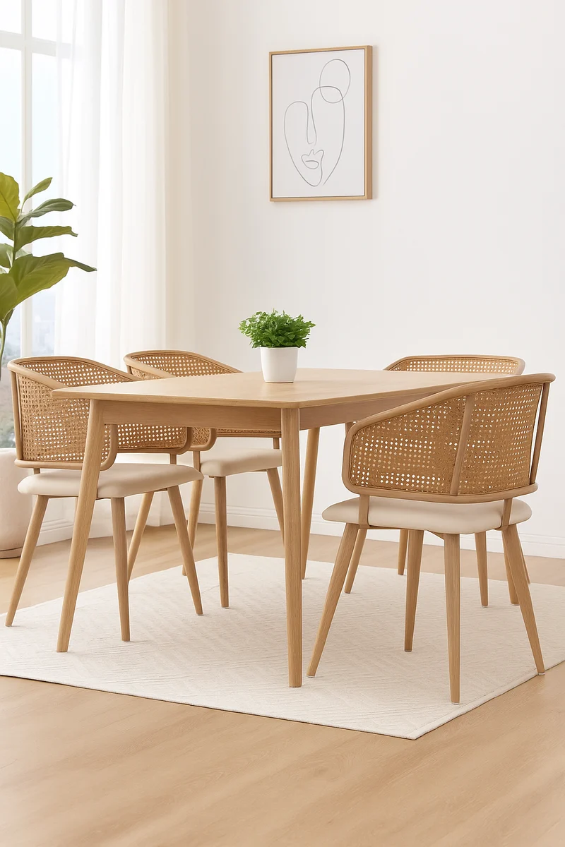 Lot de 2 chaises de salle à manger dossier en rotin, coussin d'assise en cuir PU beige, confortable et respirant NAD