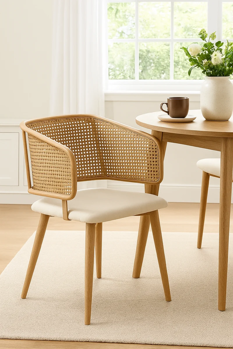 Lot de 2 chaises de salle à manger dossier en rotin, coussin d'assise en cuir PU beige, confortable et respirant NAD