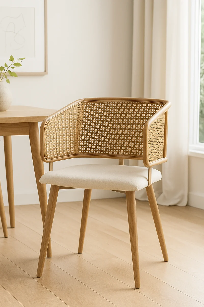 Lot de 2 chaises de salle à manger dossier en rotin, coussin d'assise en cuir PU beige, confortable et respirant NAD