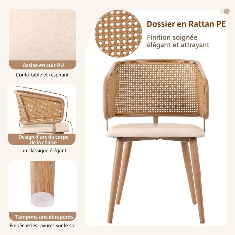 Lot de 2 chaises de salle à manger dossier en rotin, coussin d'assise en cuir PU beige, confortable et respirant NAD