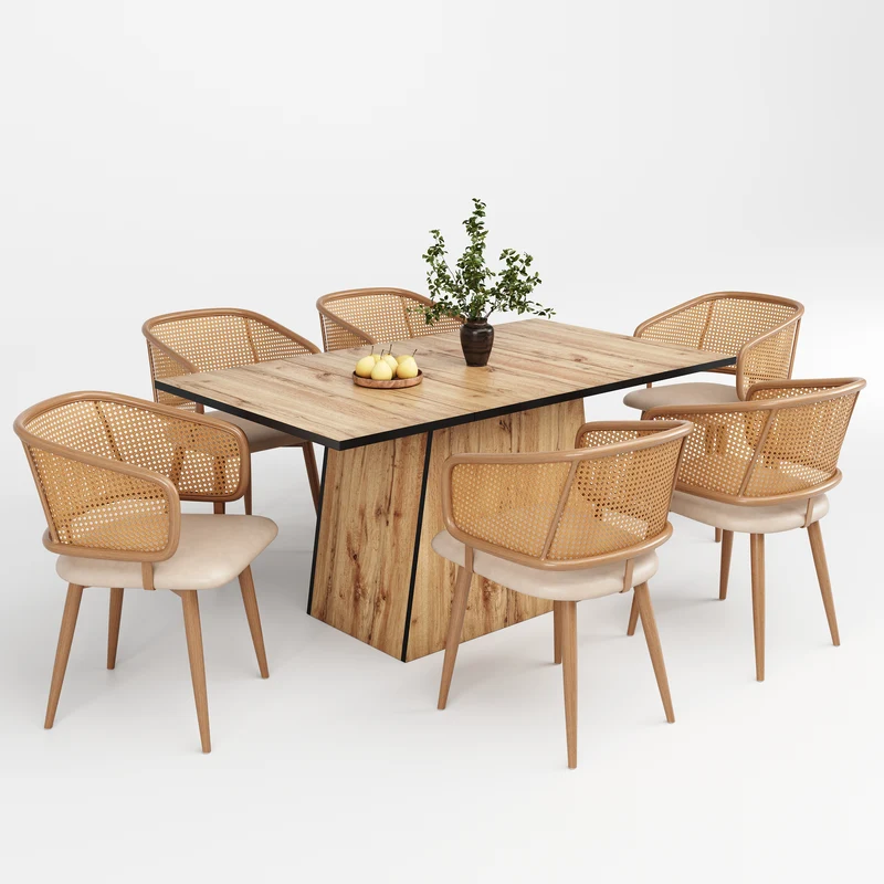 Lot de 2 chaises de salle à manger dossier en rotin, coussin d'assise en cuir PU beige, confortable et respirant NAD