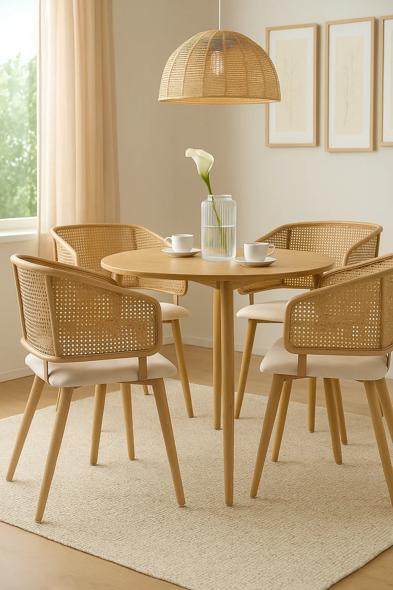 Lot de 2 chaises de salle à manger dossier en rotin, coussin d'assise en cuir PU beige, confortable et respirant NAD
