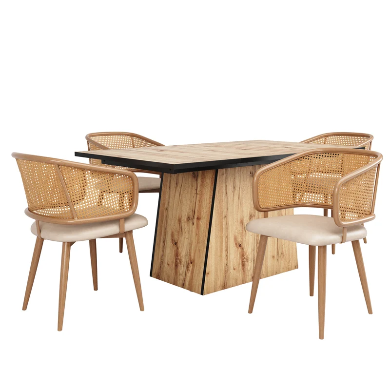 Lot de 2 chaises de salle à manger dossier en rotin, coussin d'assise en cuir PU beige, confortable et respirant NAD