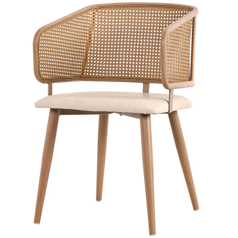 Lot de 2 chaises de salle à manger dossier en rotin, coussin d'assise en cuir PU beige, confortable et respirant NAD