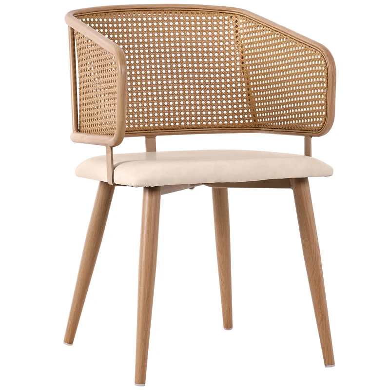 Lot de 2 chaises de salle à manger dossier en rotin, coussin d'assise en cuir PU beige, confortable et respirant NAD