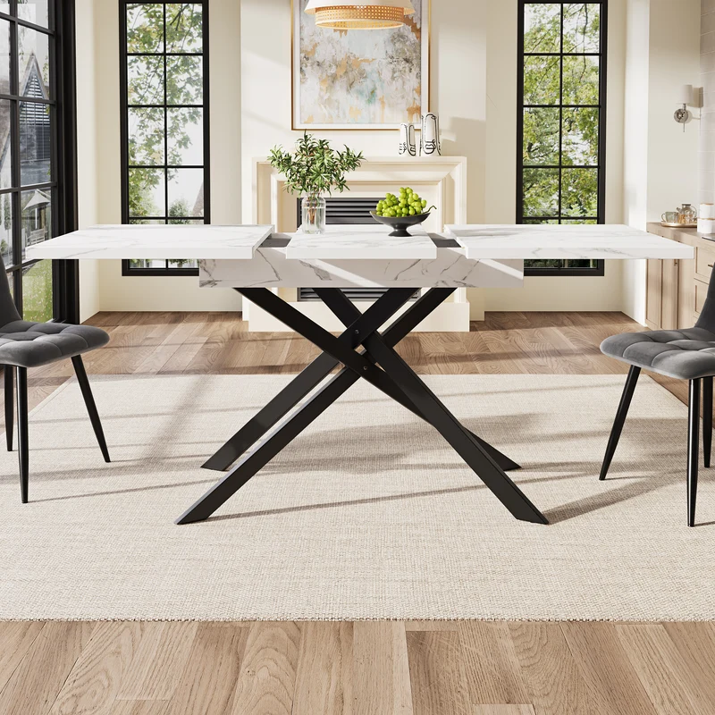 Table de salle à manger extensible effet marbre blanc (120-160 cm) ZEX