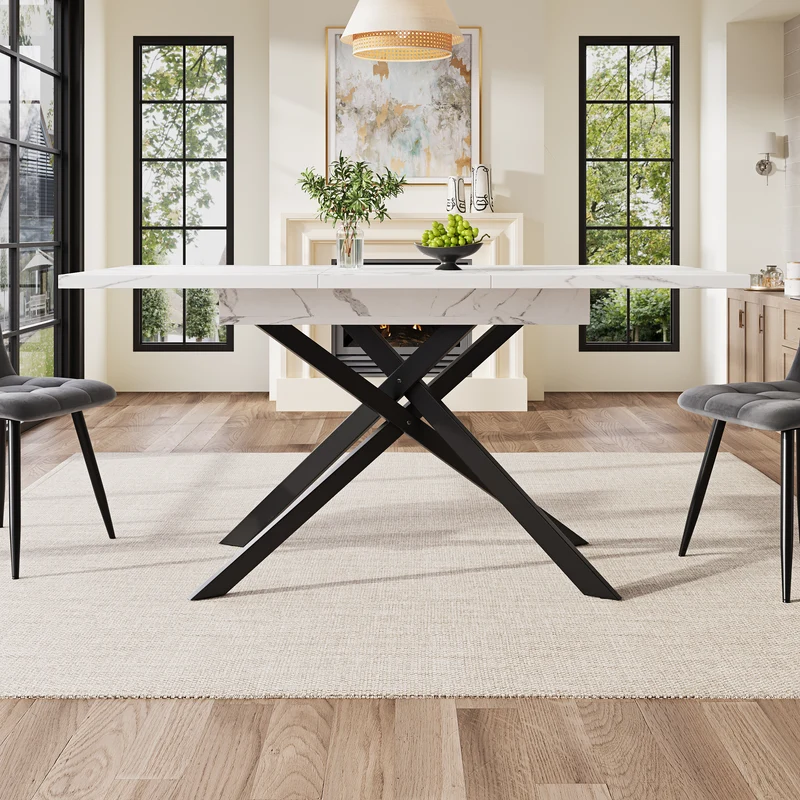 Table de salle à manger extensible effet marbre blanc (120-160 cm) ZEX