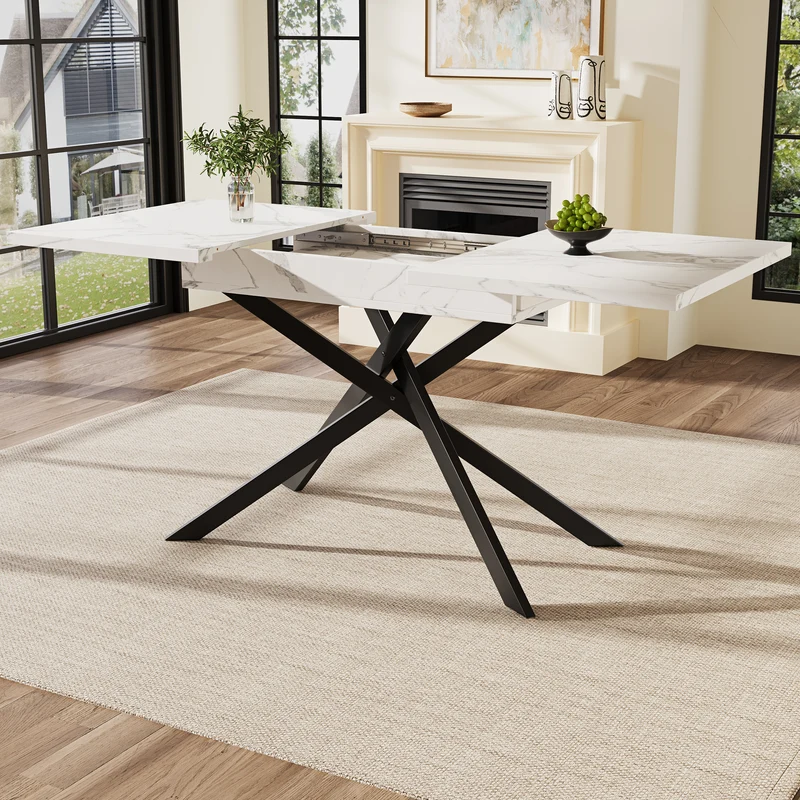 Table de salle à manger extensible effet marbre blanc (120-160 cm) ZEX