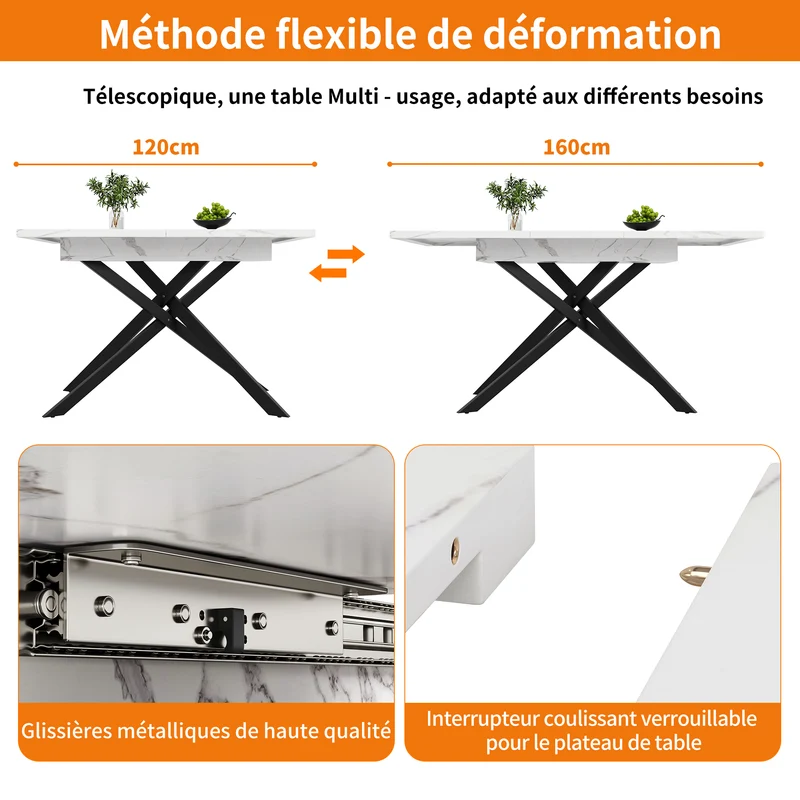 Table de salle à manger extensible effet marbre blanc (120-160 cm) ZEX