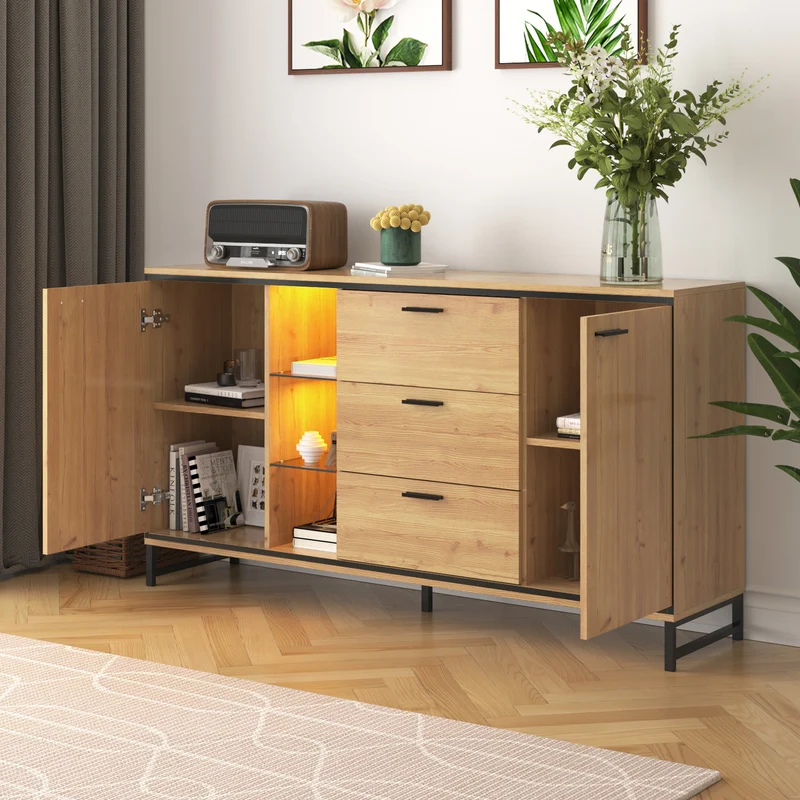 Buffet effet bois et noir 3 tiroirs, 3 niches et 2 portes avec éclairage LED UVAT
